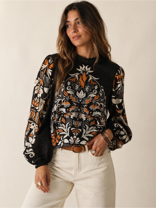 Joie Tops - Joie M Baroque Floral Blouse Black Rust Puff Sleeve Boho Romantic Statement Top